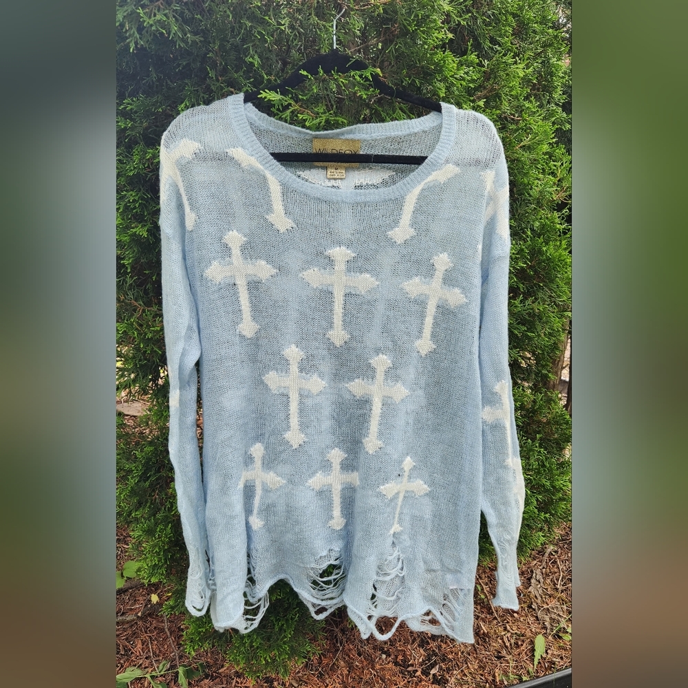 Wild Fox White Label Gothic Cowgirl Distressed Lennon Sweater Blue White Cross